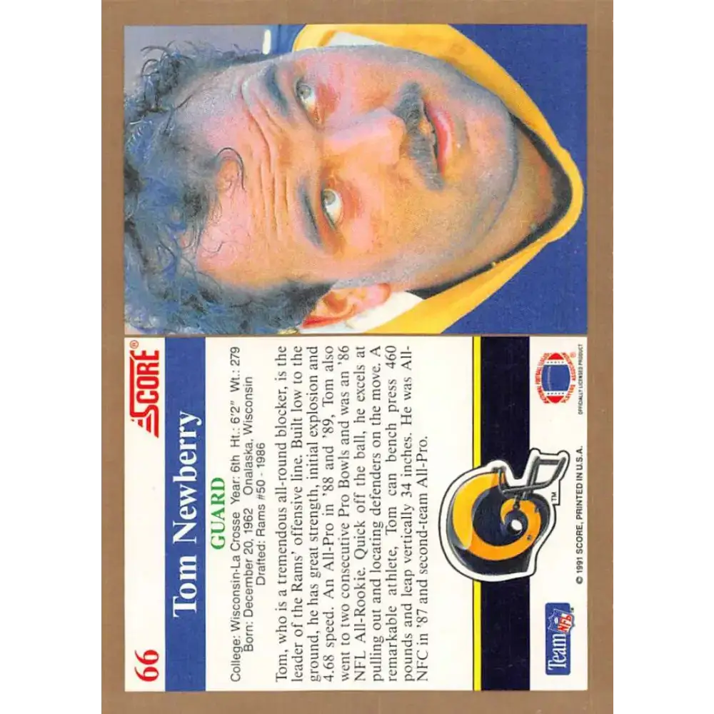 1991 Score #66 Tom Newberry EX Excellent Los Angeles Rams Football Card - Football Card Single