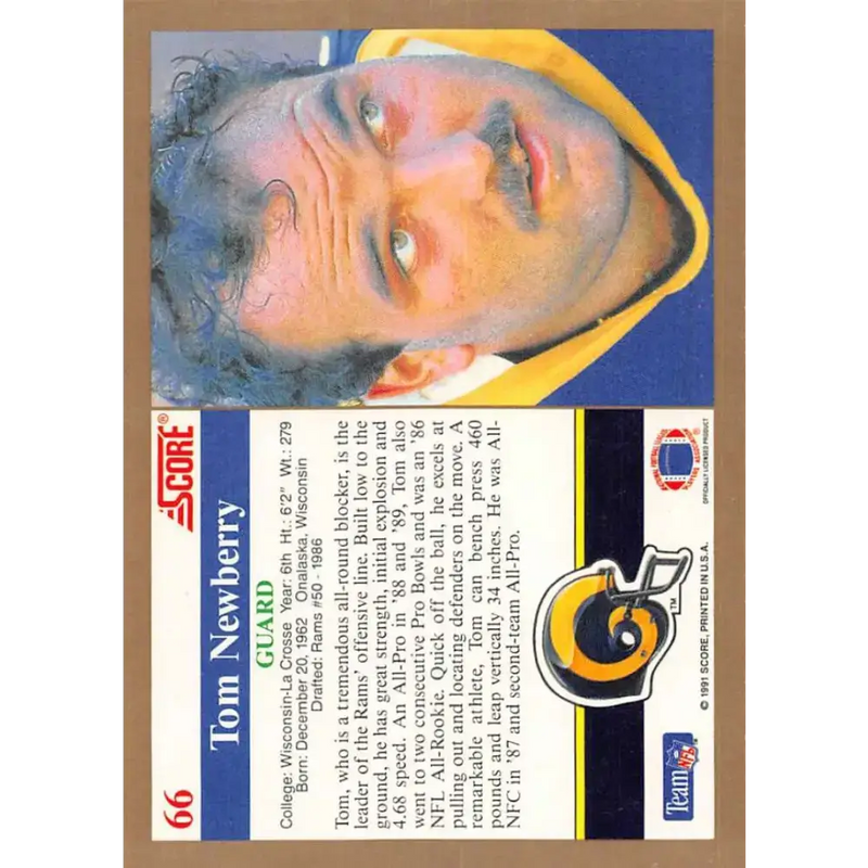 1991 Score #66 Tom Newberry EX Excellent Los Angeles Rams Football Card - Football Card Single