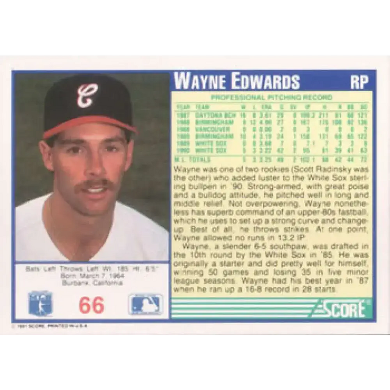 1991 Score #66 Wayne Edwards NM-MT Chicago White Sox Baseball Card - Baseball Card Single