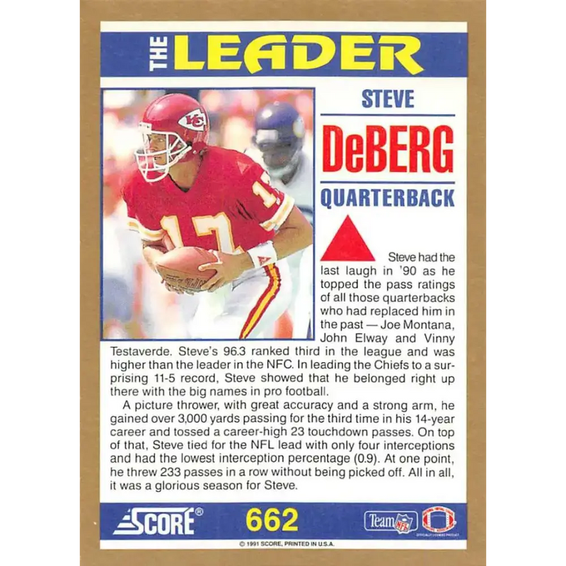 1991 Score #662 Steve DeBerg EX Excellent Kansas City Chiefs Football Card - Football Card Single
