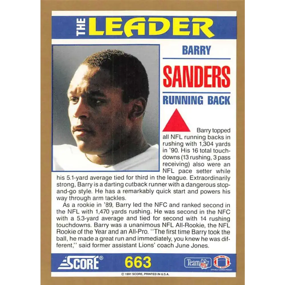 1991 Score #663 Barry Sanders EX Excellent Detroit Lions Football Card - Football Card Single