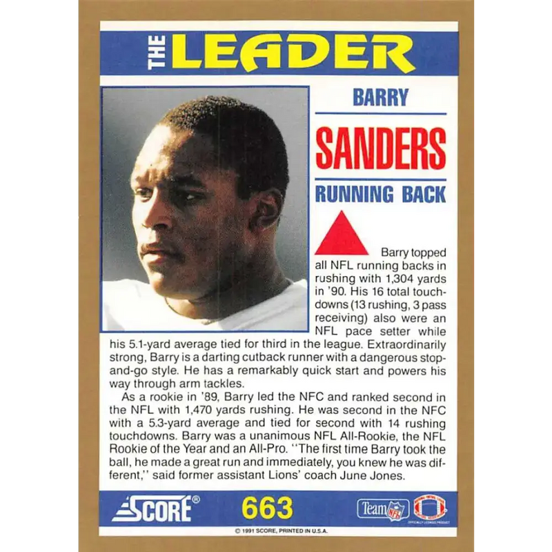 1991 Score #663 Barry Sanders EX Excellent Detroit Lions Football Card - Football Card Single