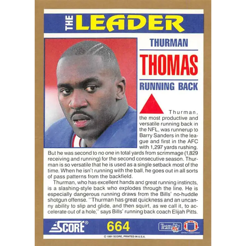 1991 Score #664 Thurman Thomas EX Excellent Buffalo Bills Football Card - Football Card Single