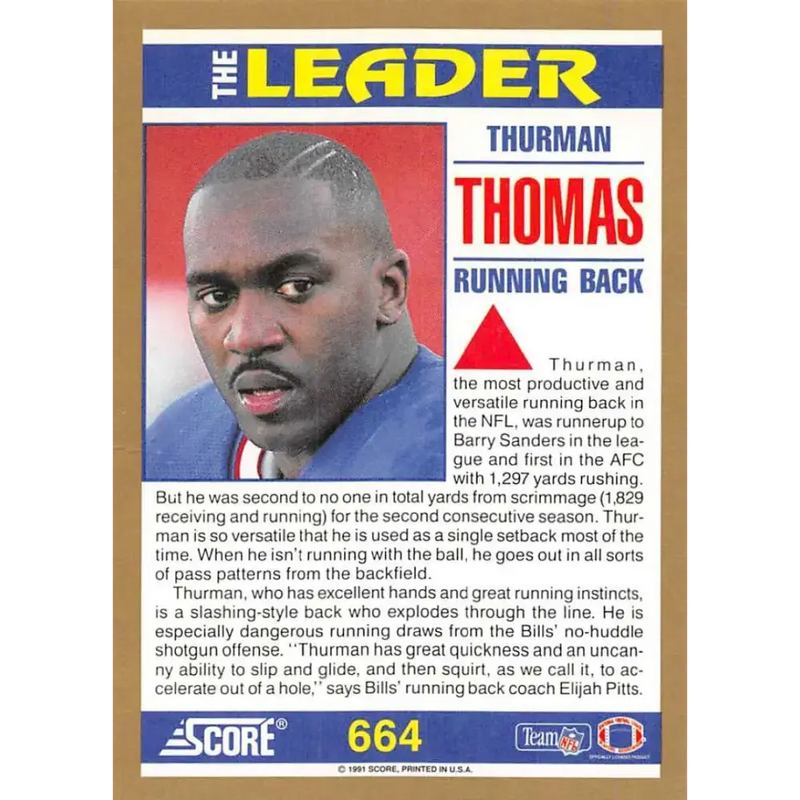 1991 Score #664 Thurman Thomas EX Excellent Buffalo Bills Football Card - Football Card Single