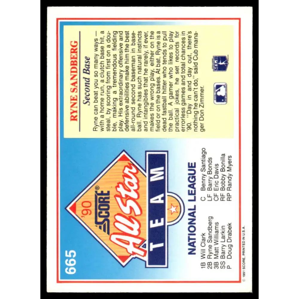 1991 Score #665 Ryne Sandberg EX Chicago Cubs Baseball Card - Baseball Card Single