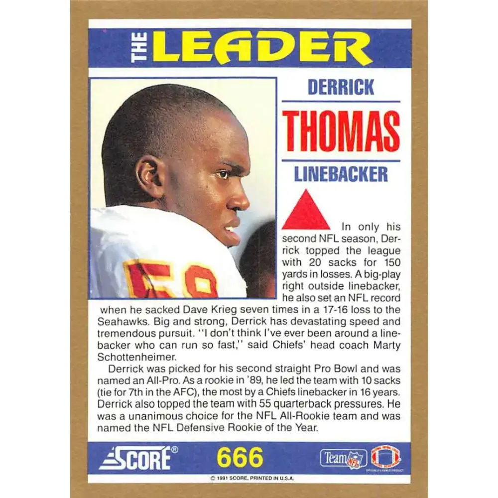 1991 Score #666 Derrick Thomas EX Excellent Kansas City Chiefs Football Card - Football Card Single