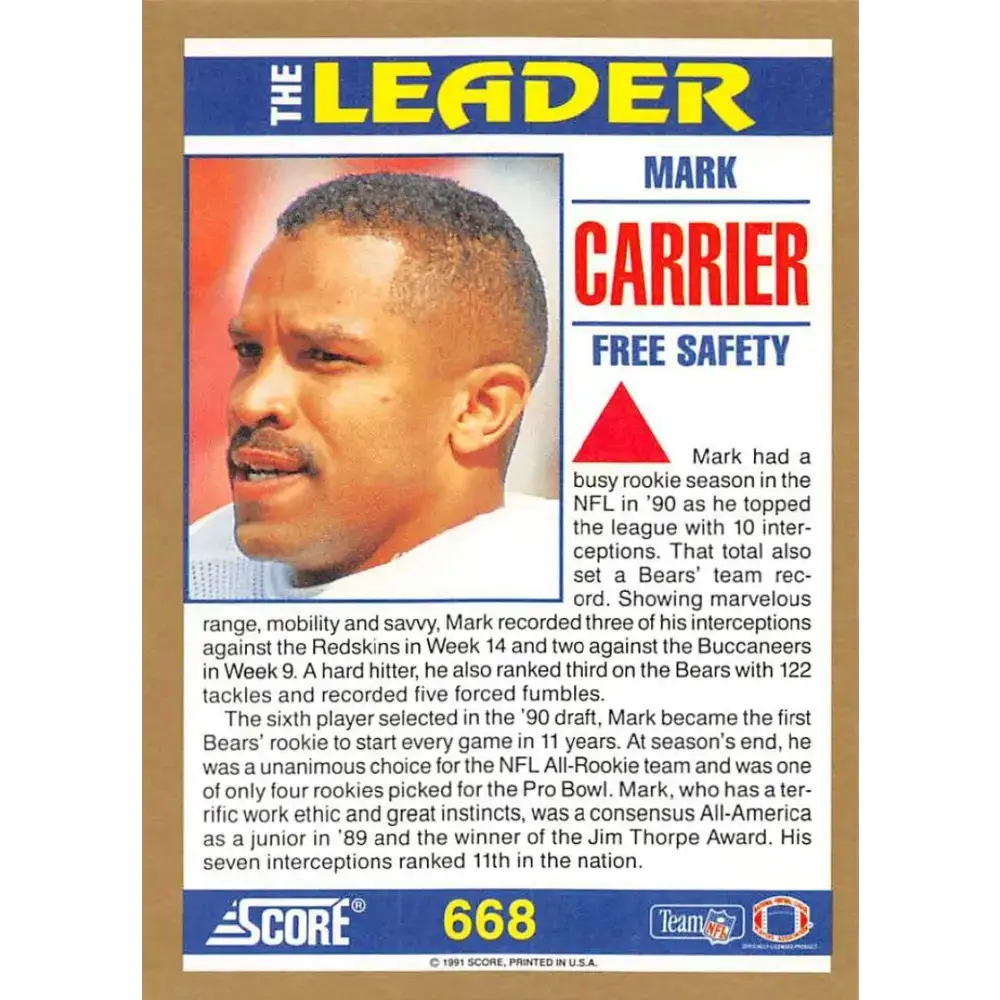 1991 Score #668 Mark Carrier EX Excellent Chicago Bears Football Card - Football Card Single