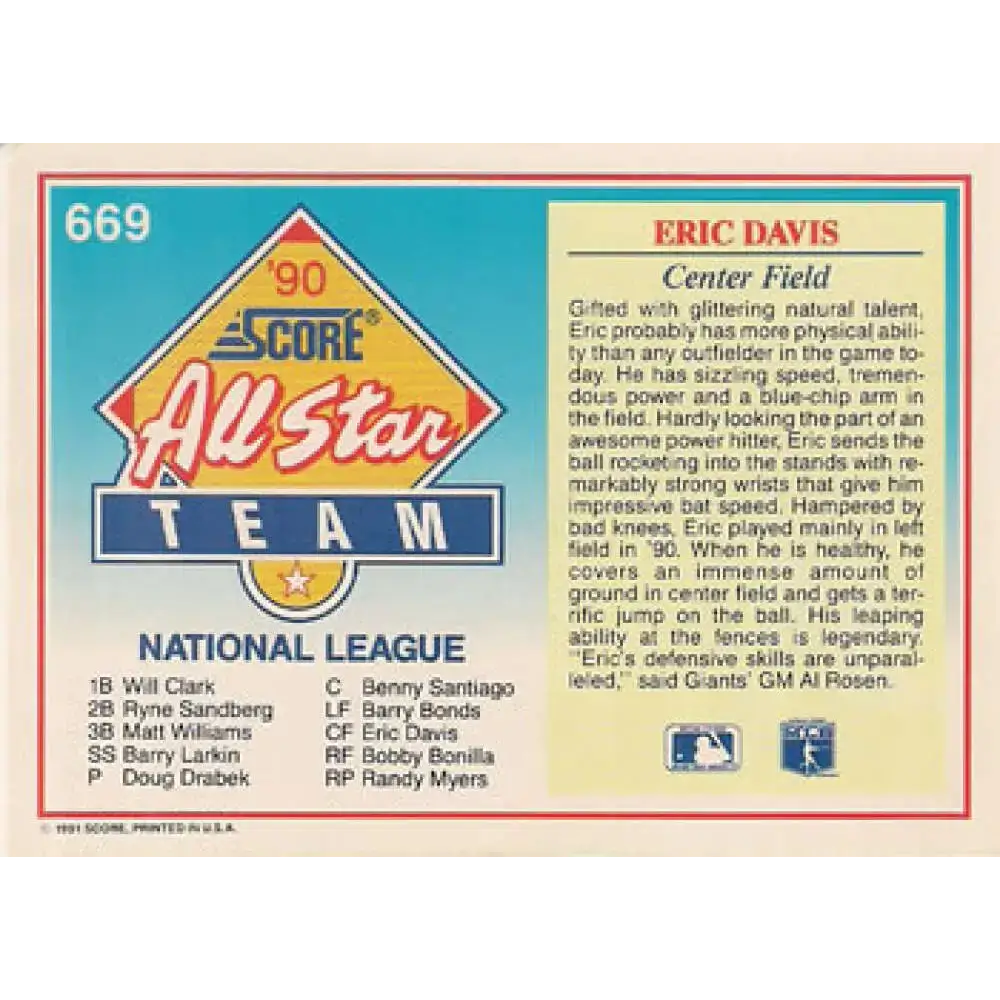 1991 Score #669 Eric Davis AS NM-MT Cincinnati Reds Baseball Card - Baseball Card Single