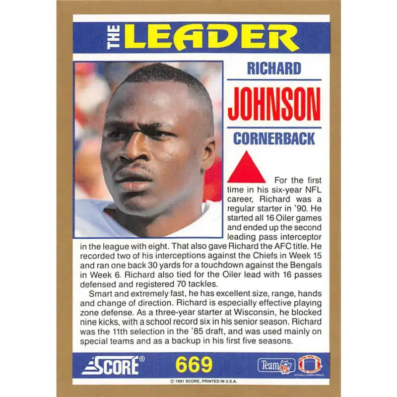 1991 Score #669 Richard Johnson EX Excellent Houston Oilers Football Card - Football Card Single