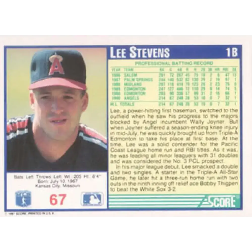 1991 Score #67 Lee Stevens NM-MT California Angels Baseball Card - Baseball Card Single