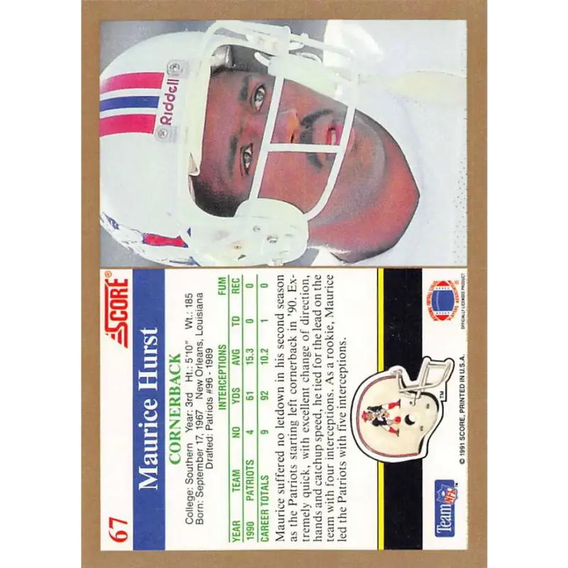 1991 Score #67 Maurice Hurst EX Excellent New England Patriots Football Card - Football Card Single
