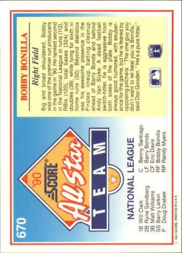 Original gloss 1991 Score Bobby Bonilla baseball card featuring Pirates, with Simply Sandoval
