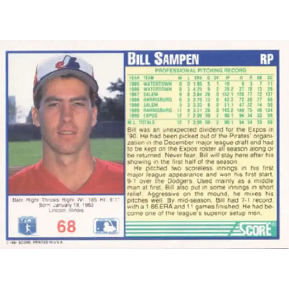 1991 Score #68 Bill Sampen UER NM-MT Montreal Expos Baseball Card - Baseball Card Single