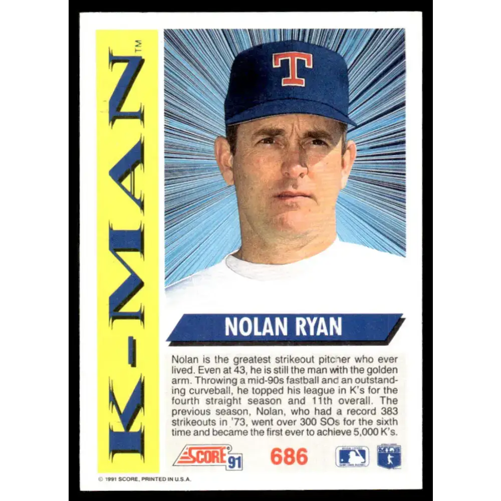1991 Score #686 Nolan Ryan EX/NM Texas Rangers Baseball Card - Baseball Card Single