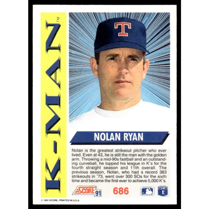 1991 Score #686 Nolan Ryan EX/NM Texas Rangers Baseball Card - Baseball Card Single