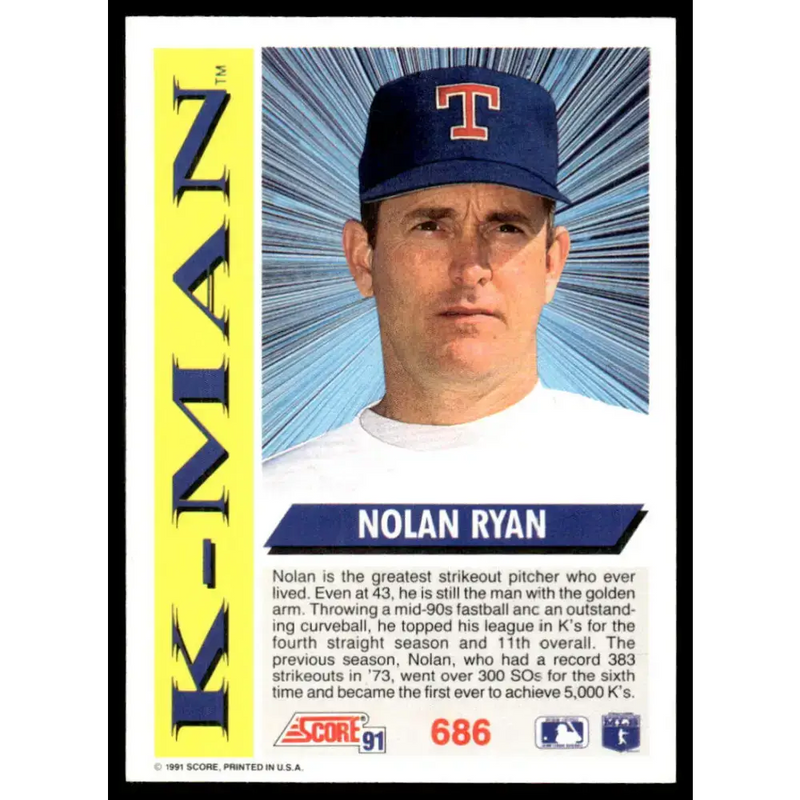 1991 Score #686 Nolan Ryan EX/NM Texas Rangers Baseball Card - Baseball Card Single