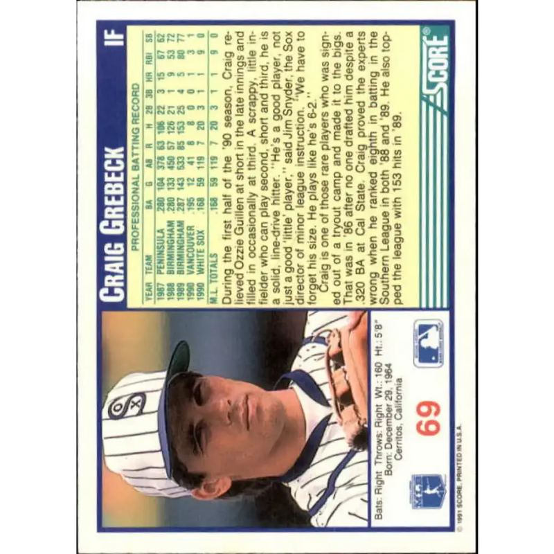 1991 Score #69 Craig Grebeck UER NM-MT Chicago White Sox Baseball Card - Baseball Card Single