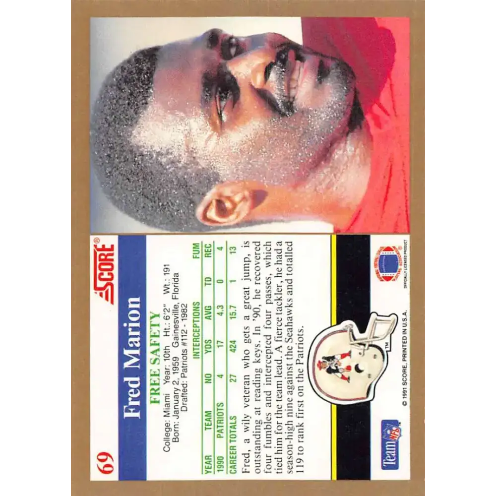 1991 Score #69 Fred Marion EX Excellent New England Patriots Football Card - Football Card Single