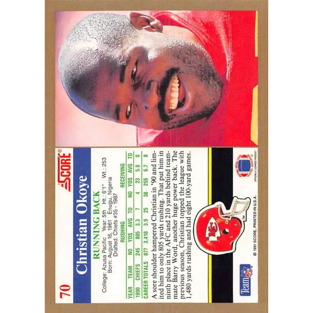 1991 Score #70 Christian Okoye EX Excellent Kansas City Chiefs Football Card - Football Card Single