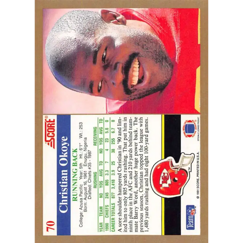 1991 Score #70 Christian Okoye EX Excellent Kansas City Chiefs Football Card - Football Card Single