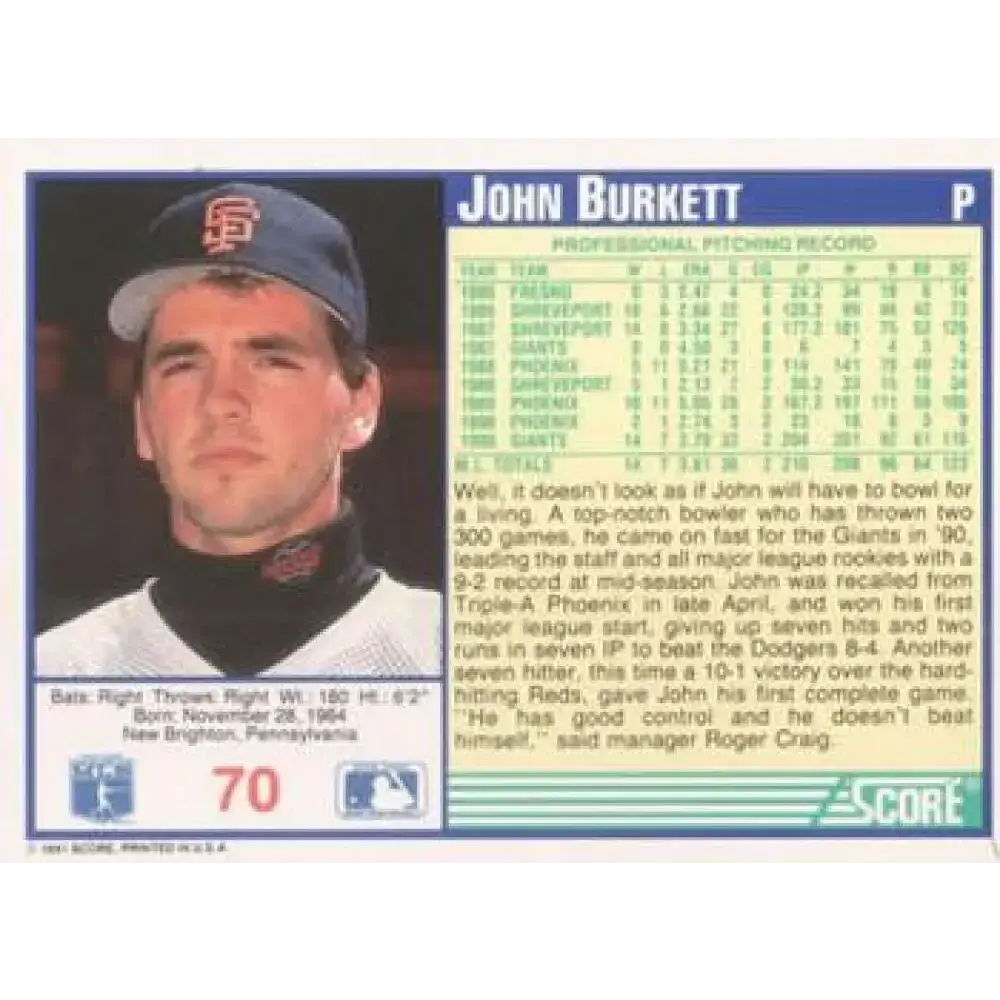 1991 Score #70 John Burkett NM-MT San Francisco Giants Baseball Card - Baseball Card Single