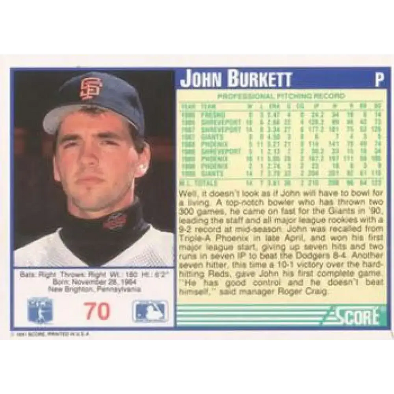 1991 Score #70 John Burkett NM-MT San Francisco Giants Baseball Card - Baseball Card Single