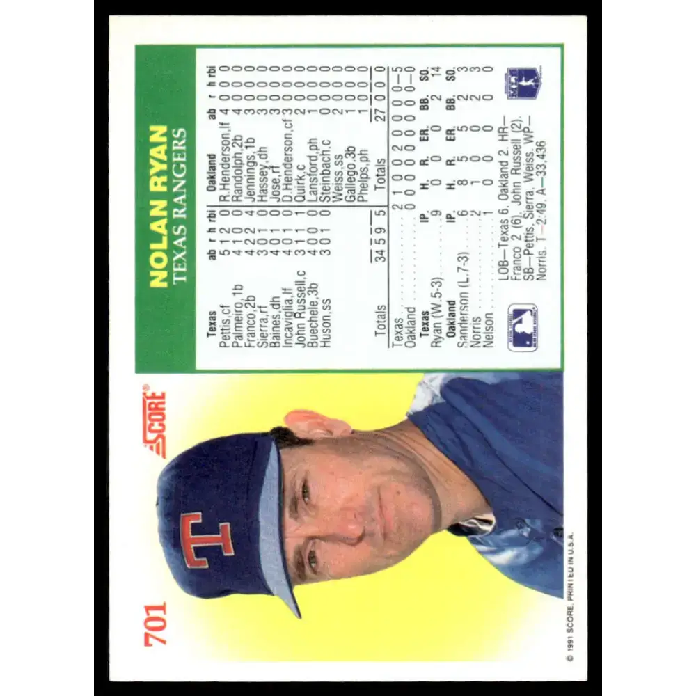 1991 Score #701 Nolan Ryan EX/NM Texas Rangers Baseball Card - Baseball Card Single