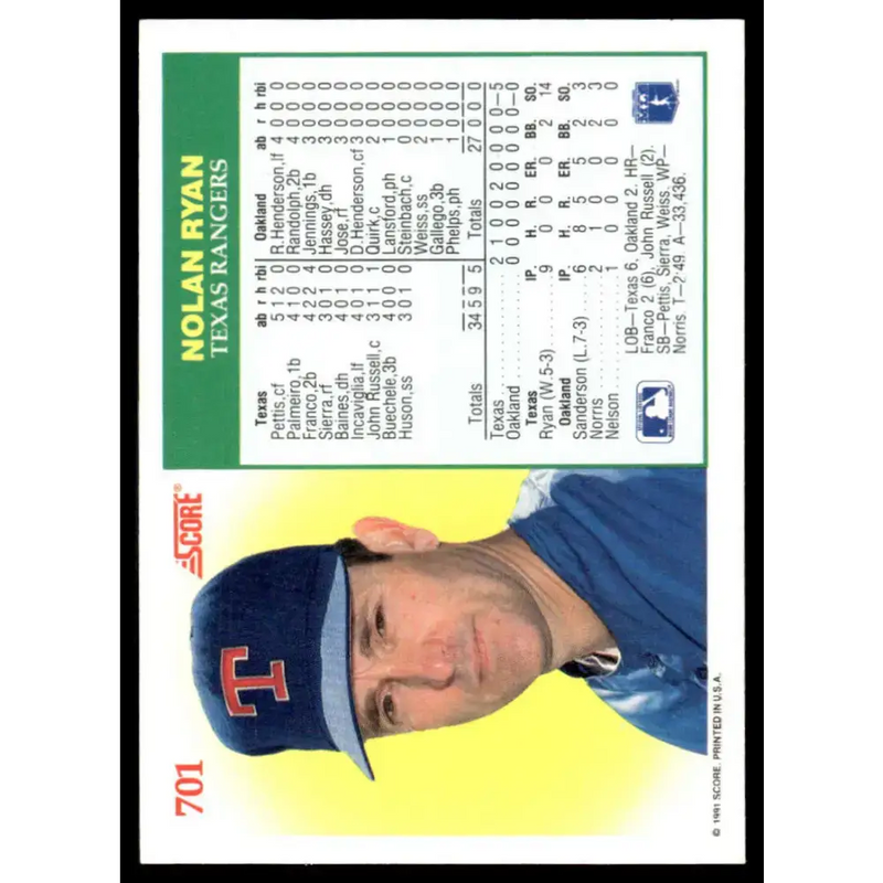 1991 Score #701 Nolan Ryan EX/NM Texas Rangers Baseball Card - Baseball Card Single