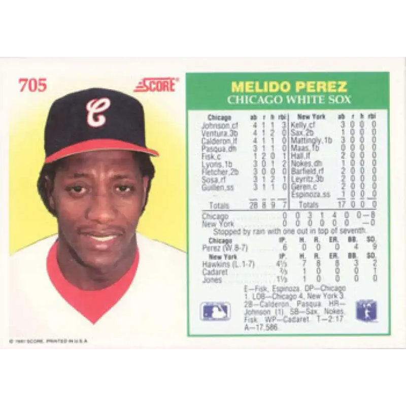 1991 Score #705 Melido Perez NM-MT Chicago White Sox Baseball Card - Baseball Card Single