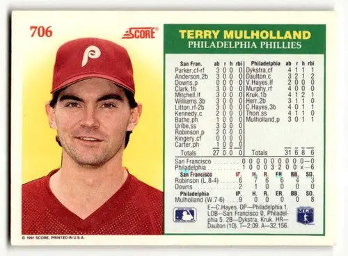 Original gloss Terry Mulholland Philadelphia baseball card from 1991 Score #706