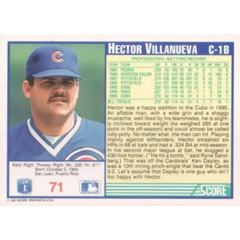 1991 Score #71 Hector Villanueva NM-MT Chicago Cubs Baseball Card - Baseball Card Single