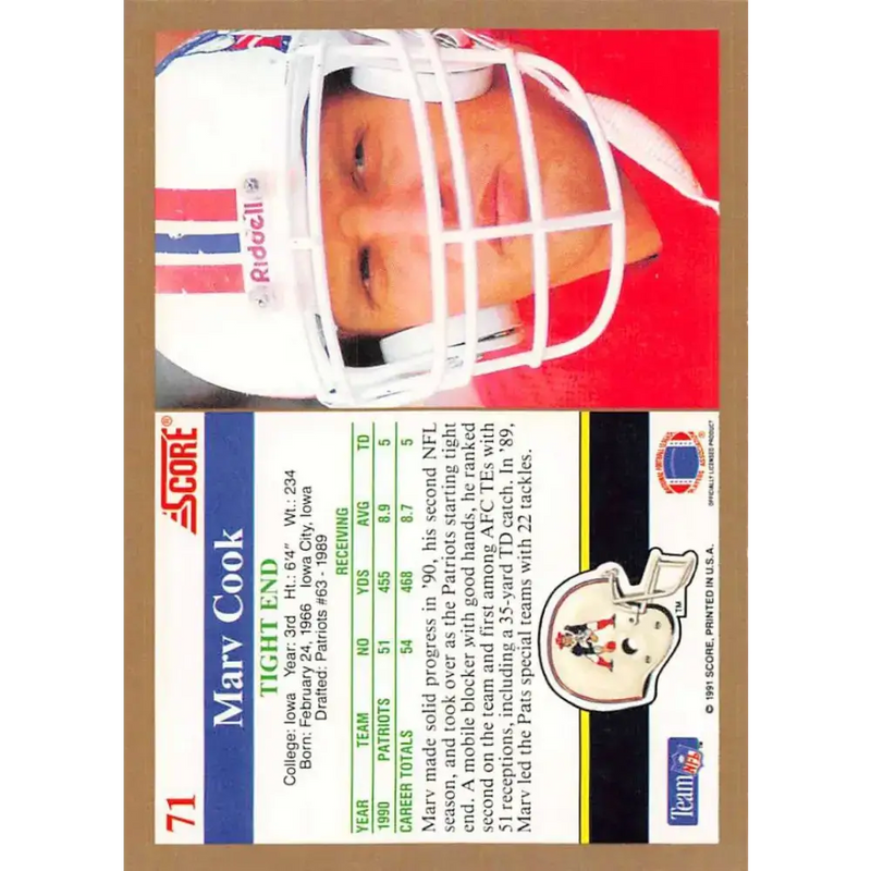 1991 Score #71 Marv Cook EX Excellent New England Patriots Football Card - Football Card Single