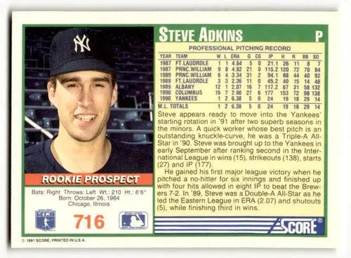 1991 Score #716 Steve Adkins New York Yankees Baseball Cards EX/NM ID:59504 - Baseball Card Single