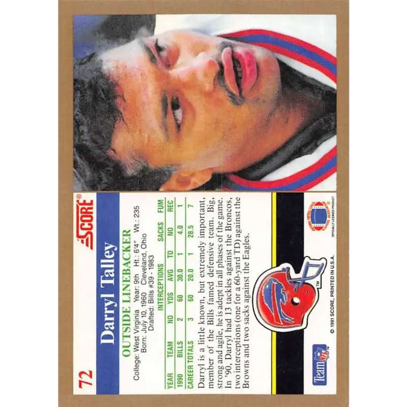 1991 Score #72 Darryl Talley EX Excellent Buffalo Bills Football Card - Football Card Single