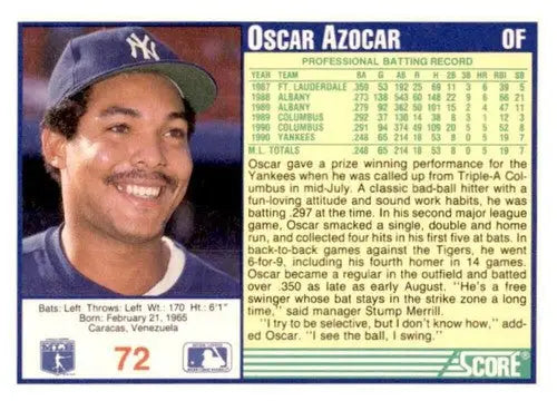 Oscar Azocar baseball card 1991 Score #72 with original gloss Simply Sandoval collectible