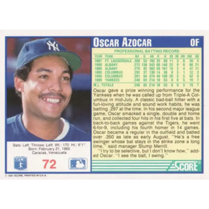 1991 Score #72 Oscar Azocar NM-MT New York Yankees Baseball Card - Baseball Card Single
