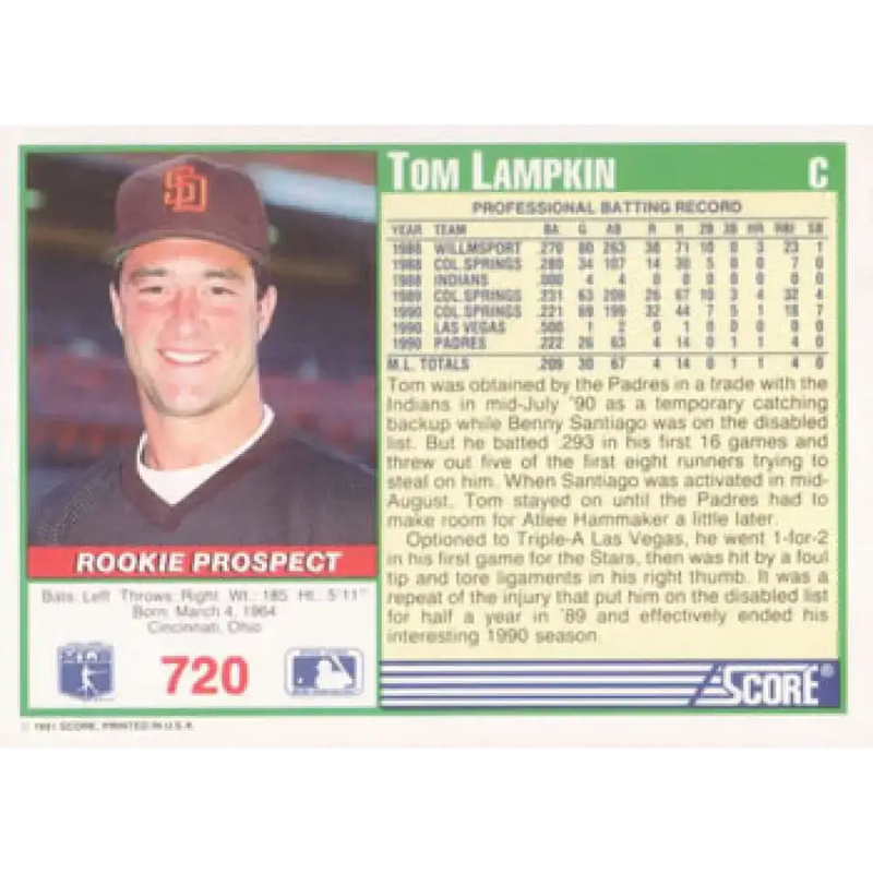 1991 Score #720 Tom Lampkin NM-MT San Diego Padres Baseball Card - Baseball Card Single