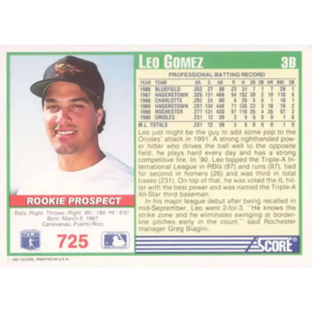 1991 Score #725 Leo Gomez NM-MT Baltimore Orioles Baseball Card - Baseball Card Single