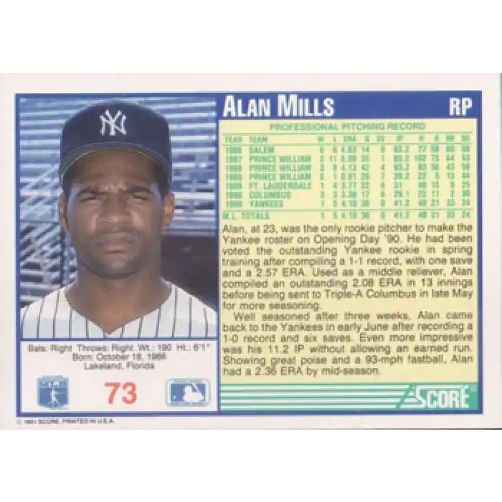 1991 Score #73 Alan Mills NM-MT New York Yankees Baseball Card - Baseball Card Single