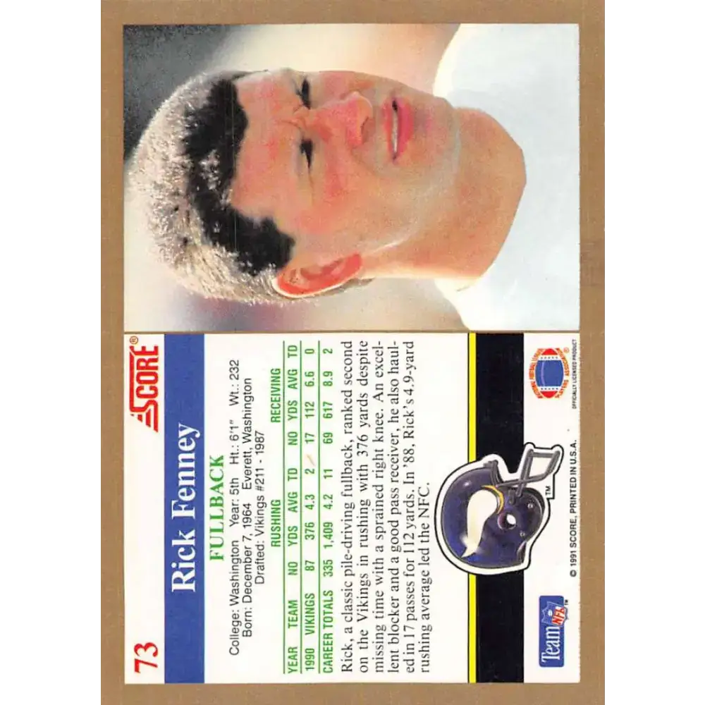 1991 Score #73 Rick Fenney EX Excellent Minnesota Vikings Football Card - Football Card Single