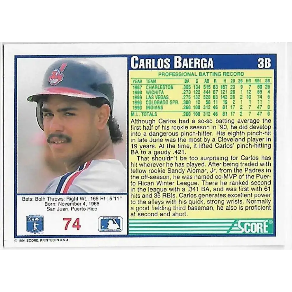 1991 Score #74 Carlos Baerga NM-MT Cleveland Indians Baseball Card - Baseball Card Single