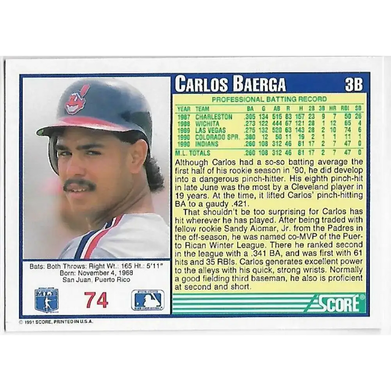 1991 Score #74 Carlos Baerga NM-MT Cleveland Indians Baseball Card - Baseball Card Single