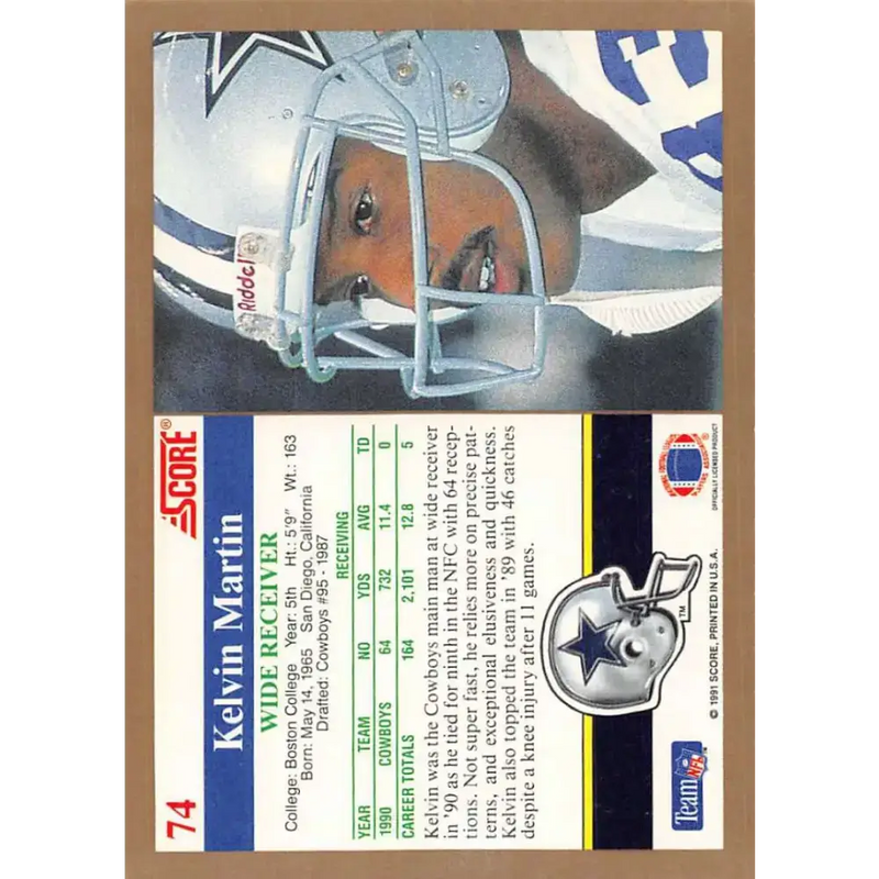 1991 Score #74 Kelvin Martin EX Excellent Dallas Cowboys Football Card - Football Card Single