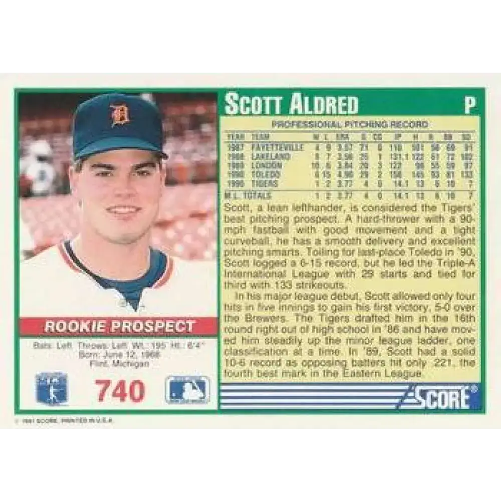 1991 Score #740 Scott Aldred NM-MT Detroit Tigers Baseball Card - Baseball Card Single