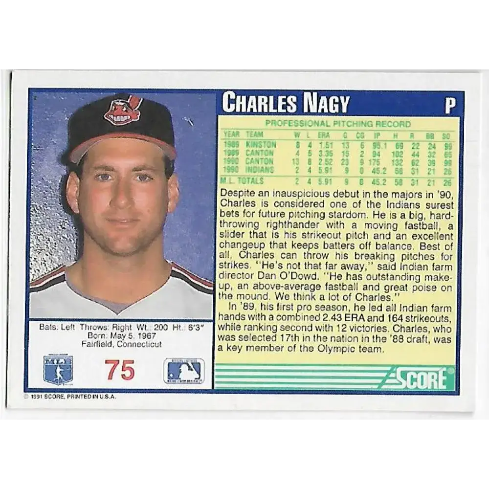 1991 Score #75 Charles Nagy NM-MT Cleveland Indians Baseball Card - Baseball Card Single