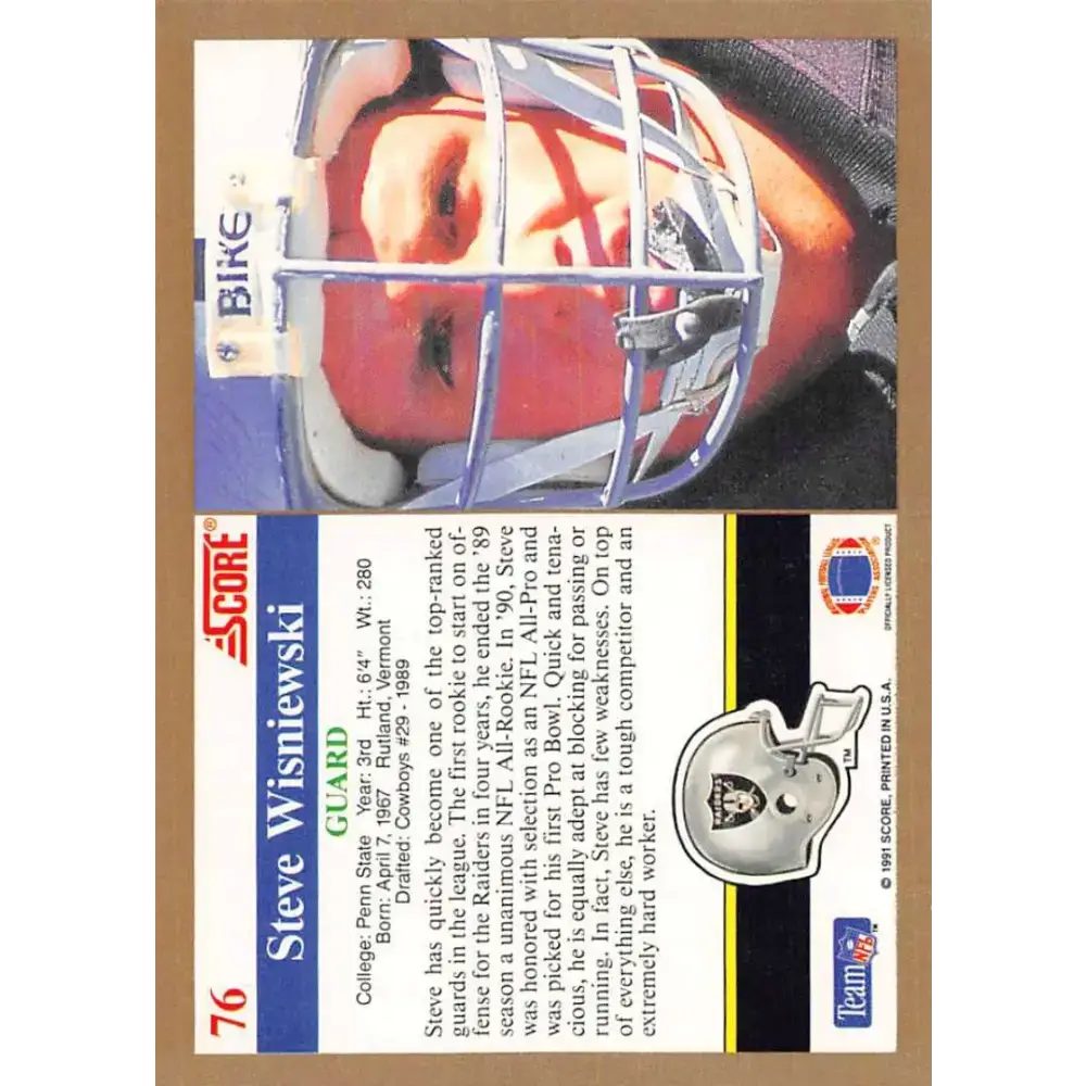 1991 Score #76 Steve Wisniewski EX Excellent Los Angeles Raiders Football Card - Football Card Single