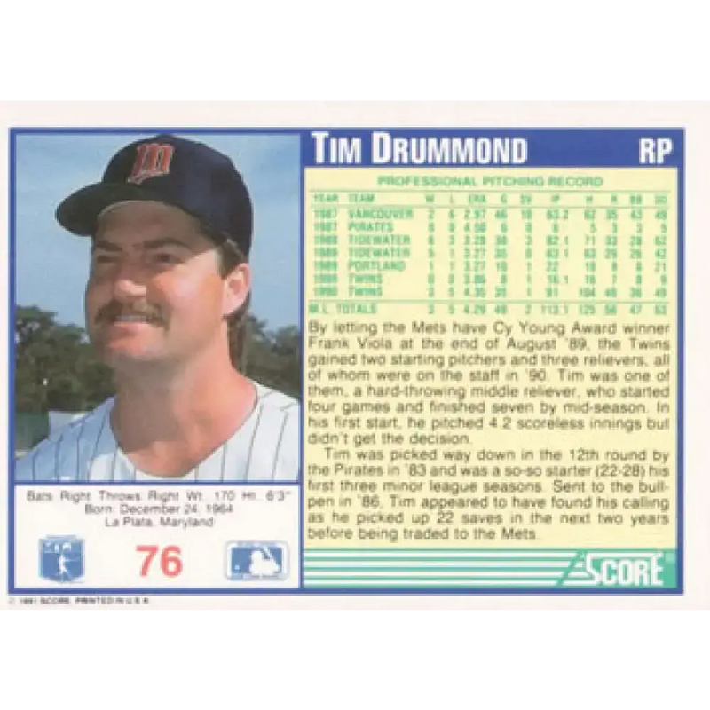 1991 Score #76 Tim Drummond NM-MT Minnesota Twins Baseball Card - Baseball Card Single