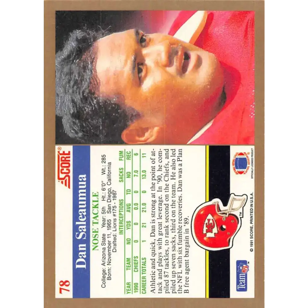 1991 Score #78 Dan Saleaumua EX Excellent Kansas City Chiefs Football Card - Football Card Single