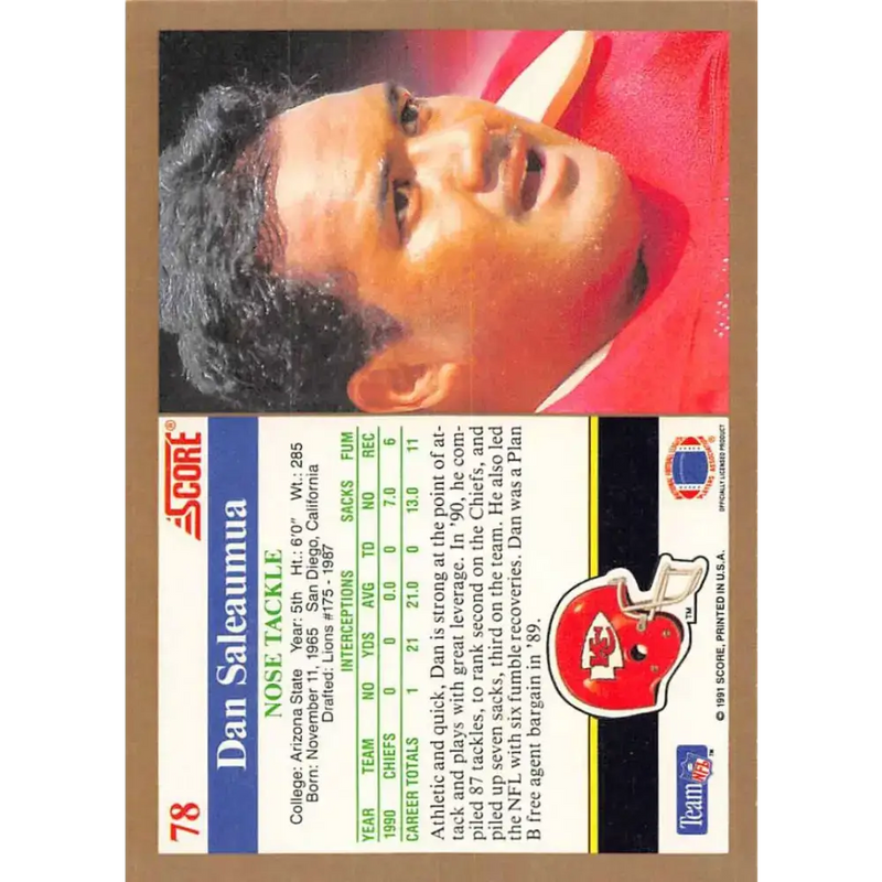 1991 Score #78 Dan Saleaumua EX Excellent Kansas City Chiefs Football Card - Football Card Single
