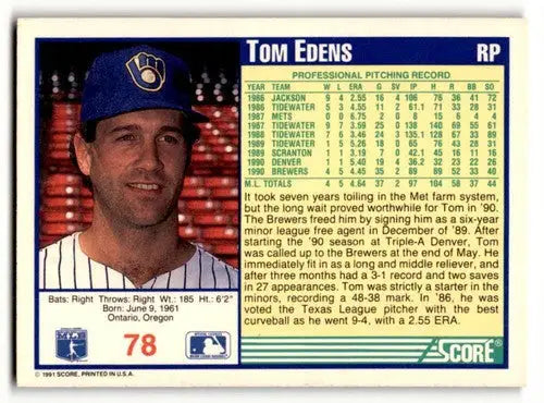 Original gloss Tom Edens Milwaukee baseball card from 1991 Score #78 Edens Milwaukee Brewers